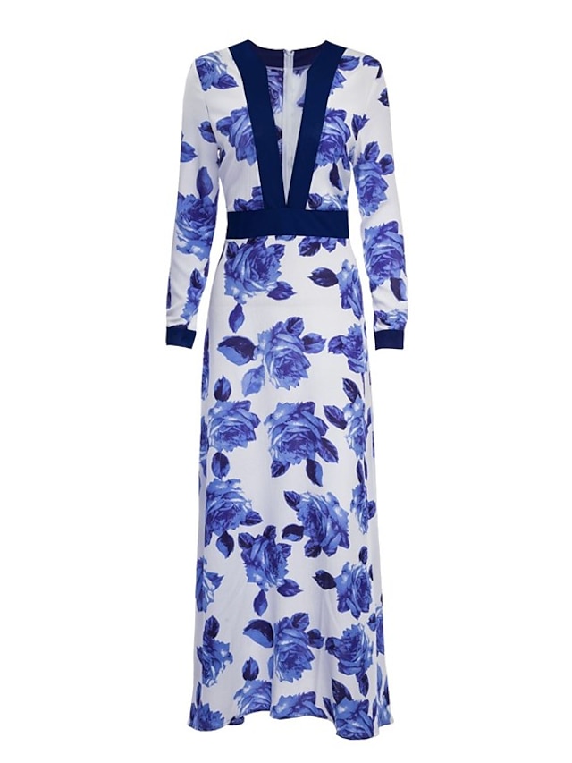  Women's Swing Dress Maxi long Dress - Long Sleeve Floral Flower Floral Fashion Spring Summer Deep V Elegant Chiffon Blue S M L XL XXL XXXL
