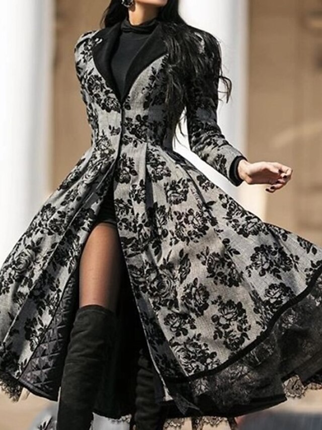  Women's Notch lapel collar Coat Floral Going out Elegant & Luxurious Long Sleeve Black S M L XL / V Neck