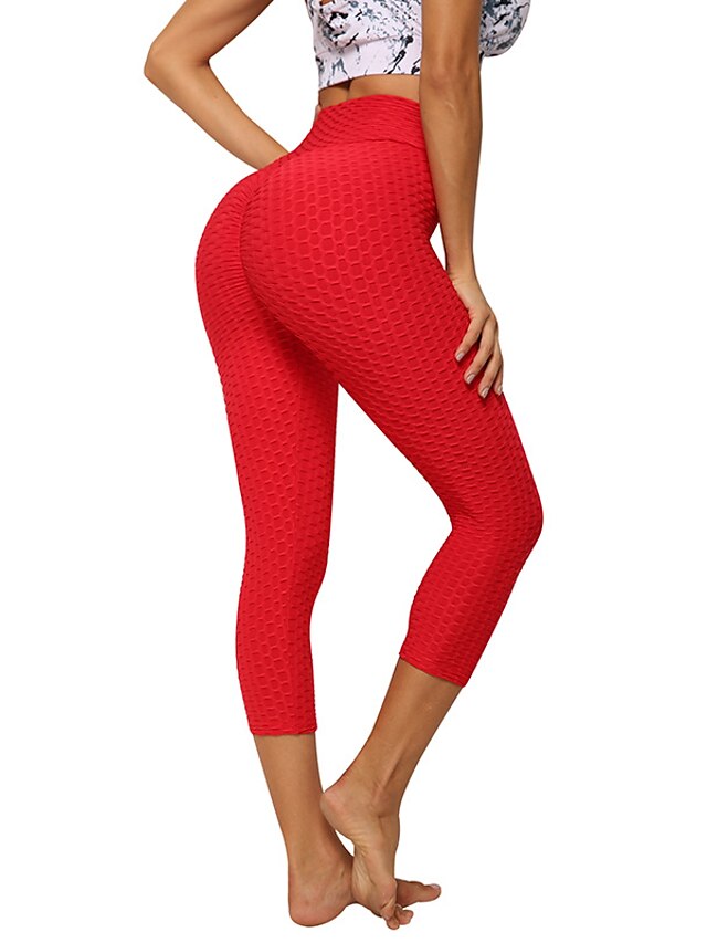  Mujer Alta cintura Pantalones de yoga Scrunch Butt Levantamiento de trasero fruncido Leggings Capri Control de barriga Levantamiento de tope Secado rápido Negro Rojo Rosa Aptitud física Entrenamiento
