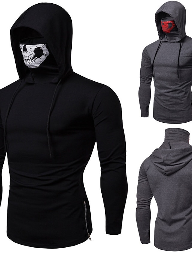  Men's Long Sleeve Hoodie with Mask Running Shirt Protective Clothing Hoodie Top Cotton Windproof Breathable Soft Fitness Gym Workout Running Jogging Bodybuilding Sportswear Skull Dark Grey Black