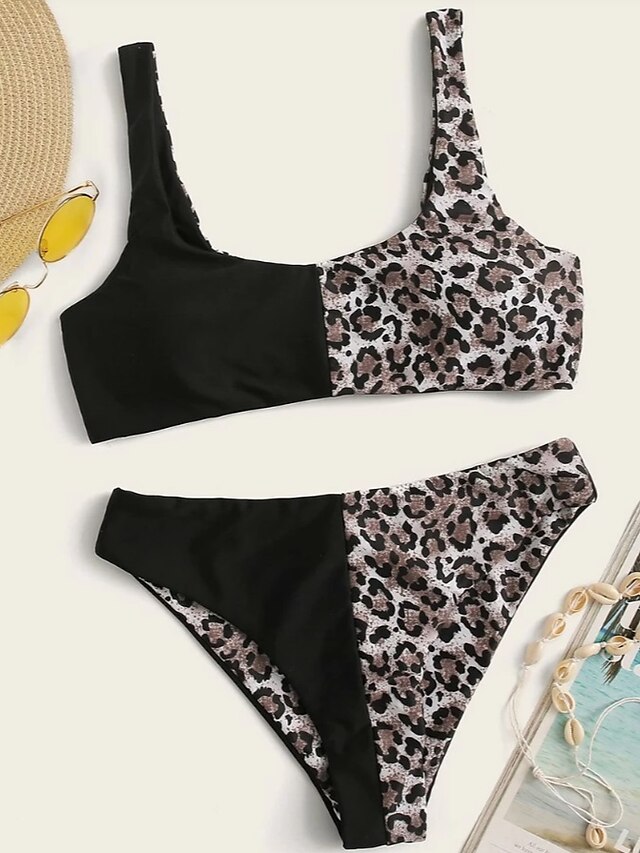  Women's Bandeau Basic Bikini Swimsuit Lace up Print Leopard Swimwear Bathing Suits Black