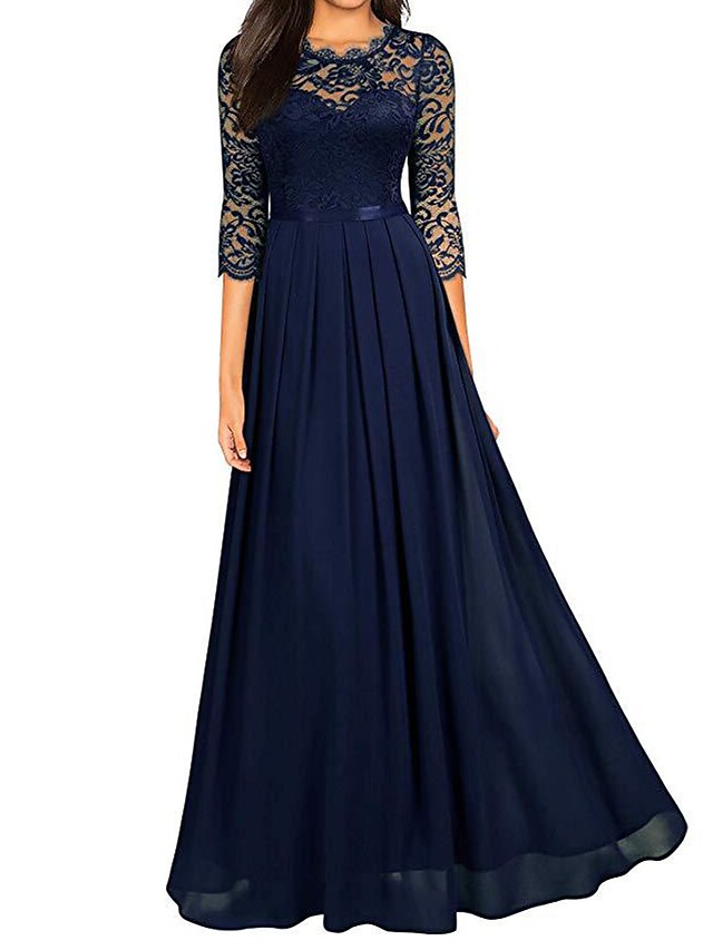 Women's Plus Size Cocktail Party New Year Birthday Elegant Maxi Swing Dress - Floral Solid Color Lace Formal Style Wine Navy Blue Green S M L XL