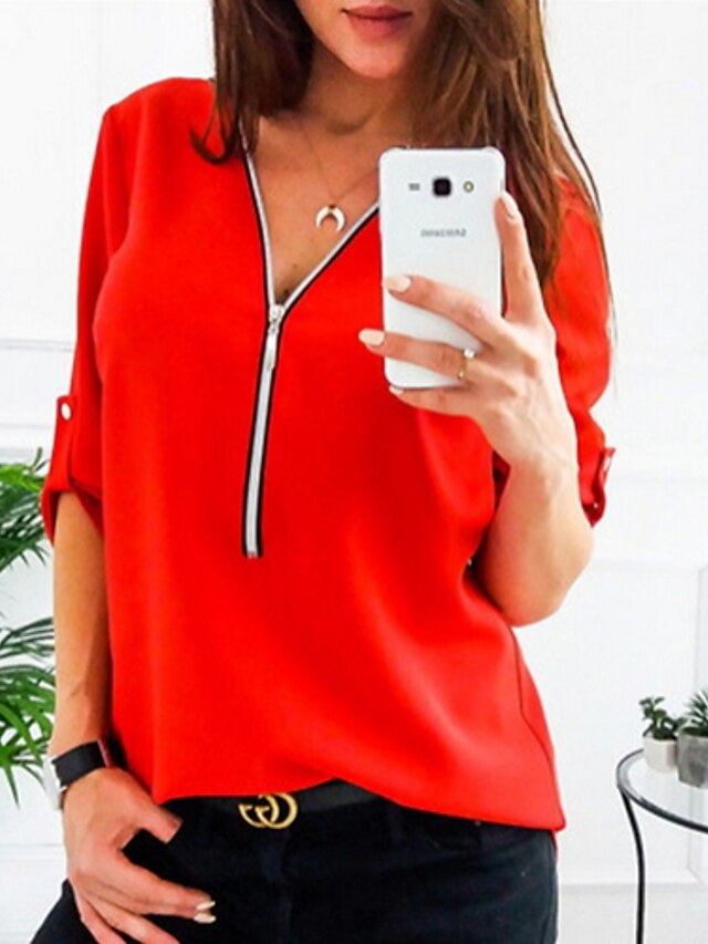  Women's Daily Shirt Solid Colored Long Sleeve Tops V Neck White Black Red