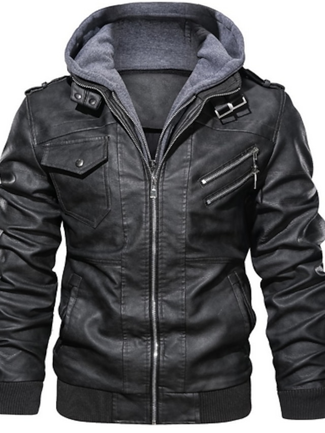  Men's Faux Leather Jacket Daily Thermal Warm Rain Waterproof Hooded Jacket Outerwear Color Block Brown Gray Black / Long Sleeve