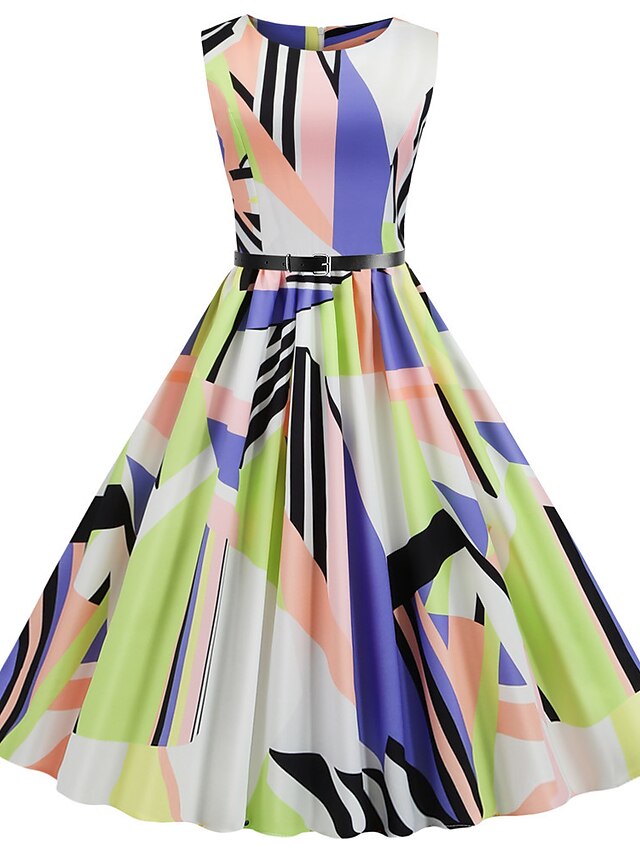  Women's Swing Dress Rainbow Sleeveless Geometric Print Round Neck Basic Vintage S M L XL XXL