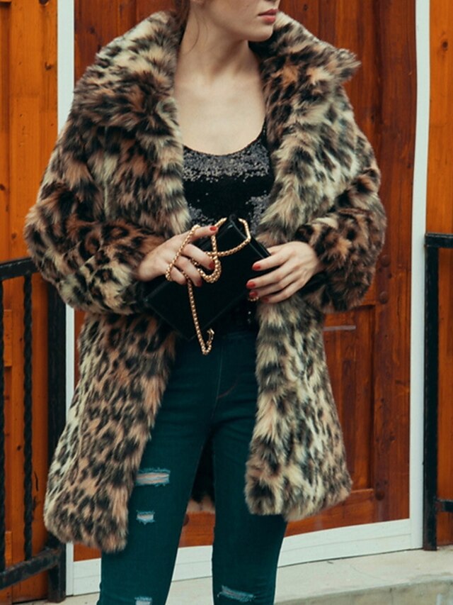  Women's Faux Fur Coat Fall & Winter Daily Long Coat V Neck Regular Fit Jacket Long Sleeve Leopard Light Brown