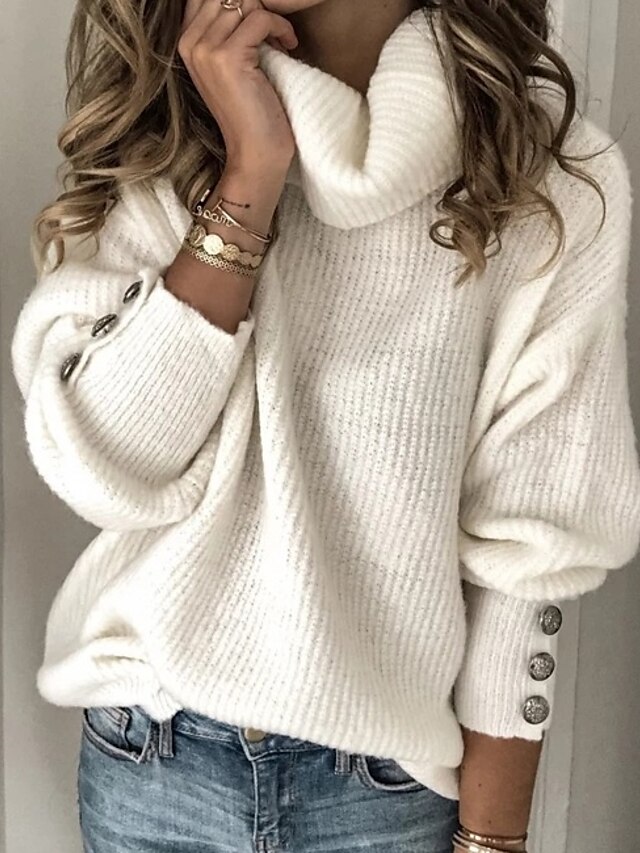  Women's Sweater Pullover Jumper Solid Color Knitted Button Stylish Elegant Casual Long Sleeve Regular Fit Sweater Cardigans Fall Winter Turtleneck Gray White / Going out