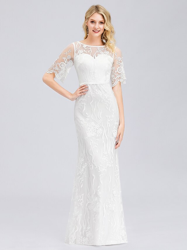  Mermaid / Trumpet Wedding Dresses Jewel Neck Floor Length Spandex Lace Short Sleeve Casual See-Through with Lace 2021