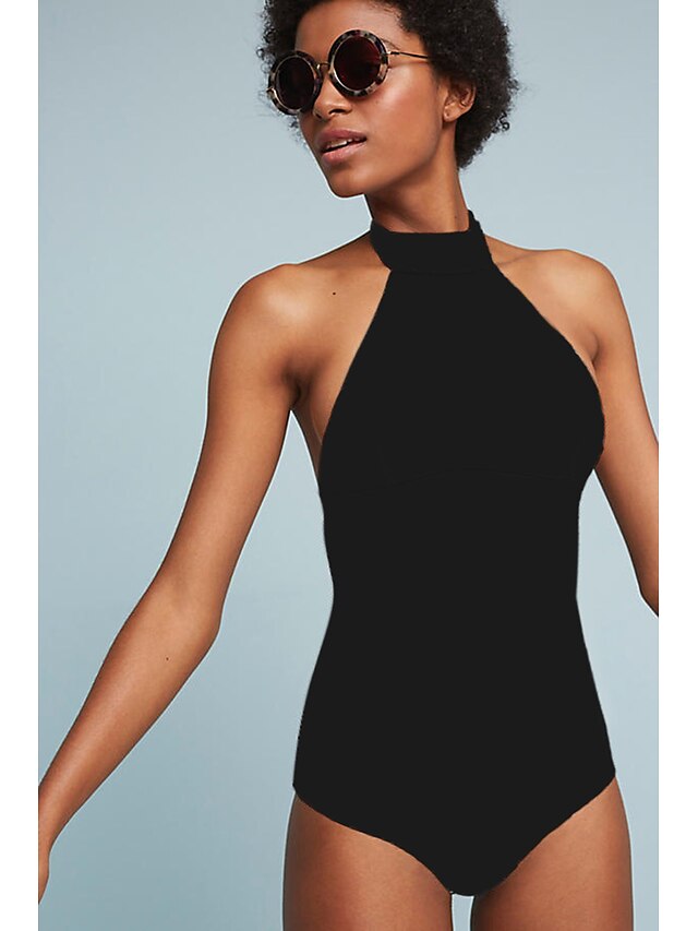  Women's One Piece Swimsuit Print Geometric Black Gray Swimwear Halter Bathing Suits