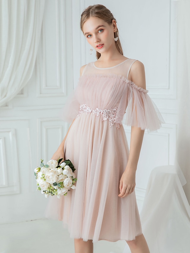  A-Line Jewel Neck Knee Length Lace / Tulle / Polyester Bridesmaid Dress with Lace / Draping / Illusion Sleeve