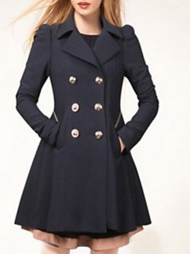  Women's Overcoat Daily Fall Winter Long Coat Notch lapel collar Regular Fit Elegant & Luxurious Jacket Long Sleeve Solid Colored Pocket Black Navy Blue / Plus Size