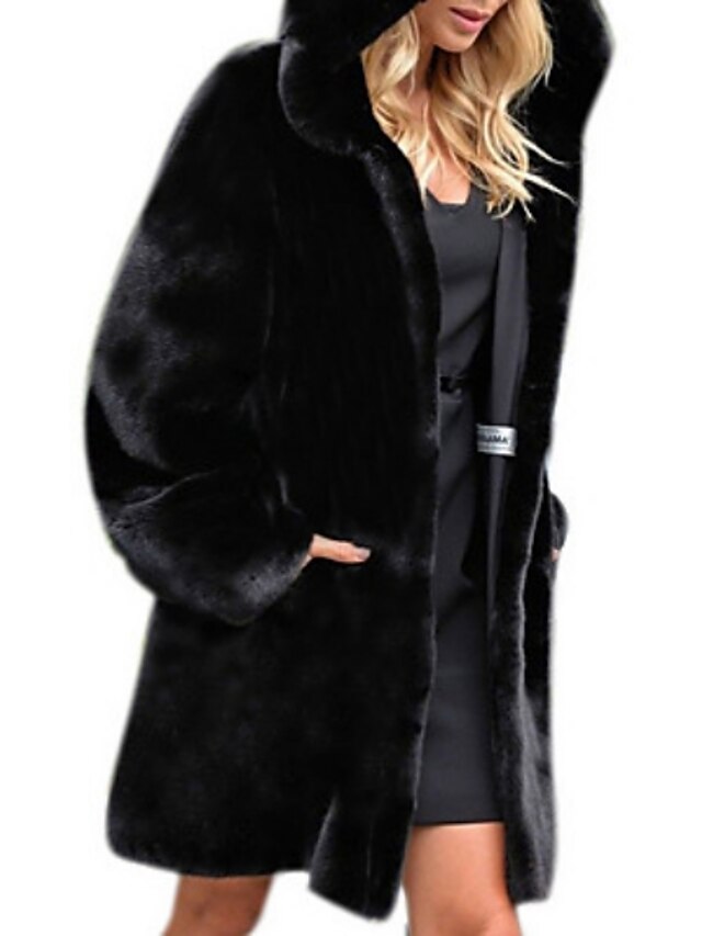  Women's Faux Fur Coat Hoodie Jacket Quilted Elegant Casual Streetwear Daily Holiday Coat Long Faux Fur Black Single Breasted Fall Winter Peaked Lapel Regular Fit S M L XL XXL 3XL / Thermal Warm