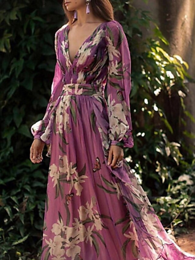  Women's Swing Dress Long Sleeve Print Floral Floral Style Fall Spring & Summer Deep V Elegant Beach Chiffon 2020 Purple S M L XL XXL / Maxi