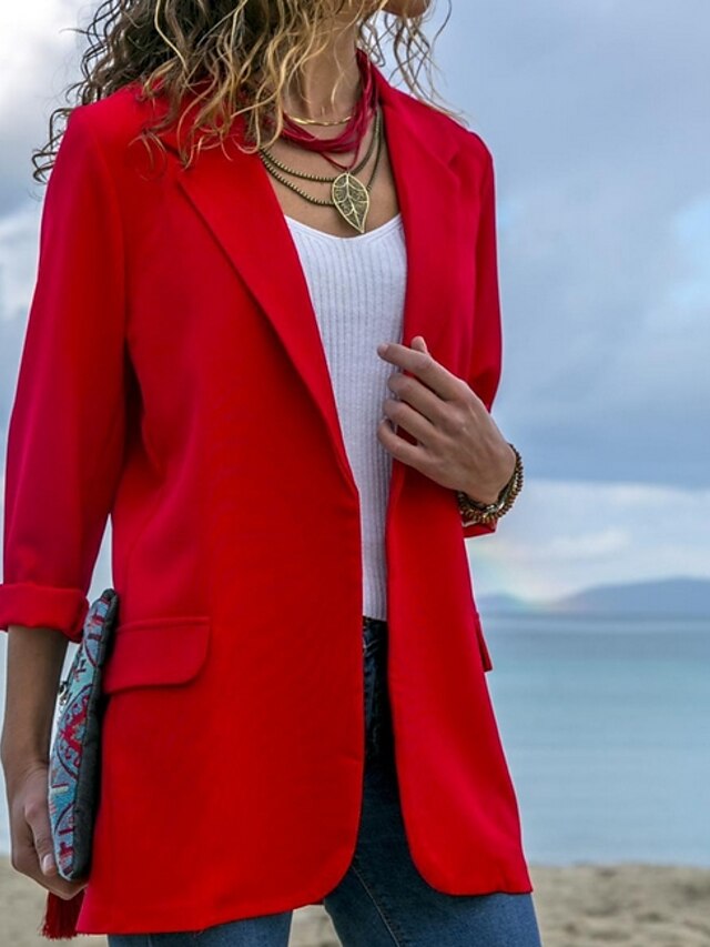  blazer feminino de poliéster de cor sólida tops preto / vermelho / azul marinho