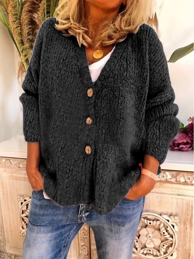  Women's Solid Colored Cardigan Long Sleeve Sweater Cardigans V Neck Black Purple Wine