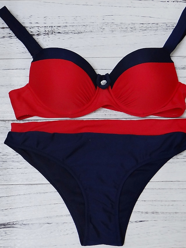  Women's Basic Halter Cheeky Tankini Swimwear Swimsuit - Color Block Print S M L Blue Red Yellow