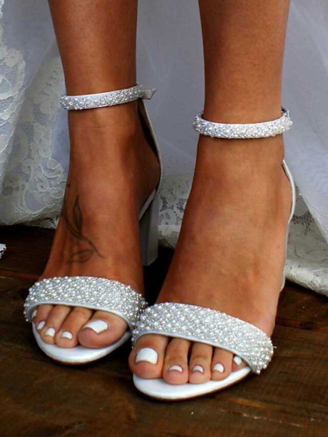  Damen Hochzeit Schuhe Pumpen Bling-Bling-Schuhe Brautschuhe Blockabsatz Offene Spitze Vintage Kunstleder Weiß Elfenbein