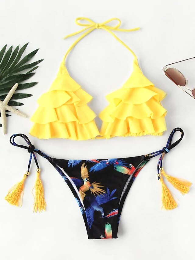  Women's Basic Yellow Halter Cheeky Tie Side Bikini Swimwear Swimsuit - Geometric Lace up Print S M L Yellow