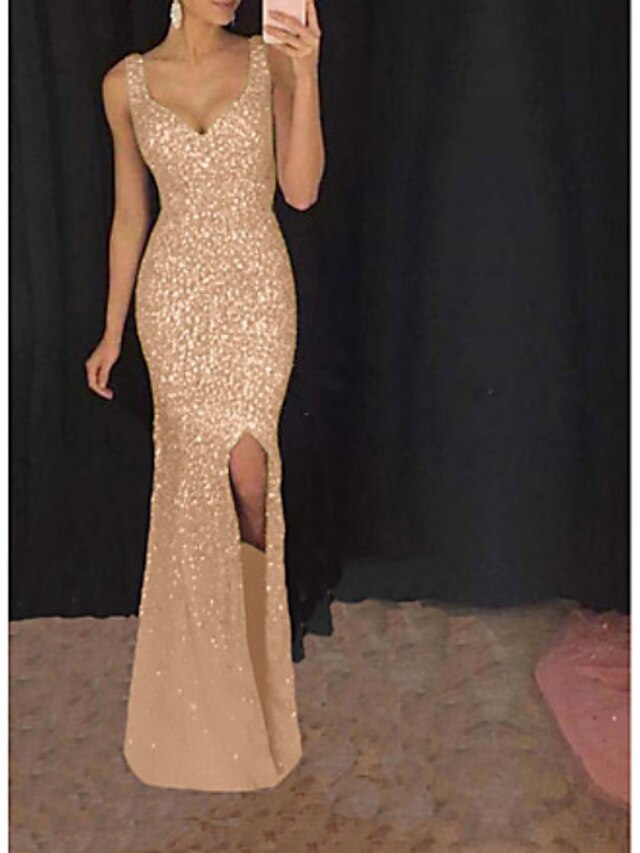  Women's Swing Dress Maxi long Dress - Sleeveless Solid Colored Split Glitter Elegant Sexy Cocktail Party Prom Blushing Pink Gold S M L XL