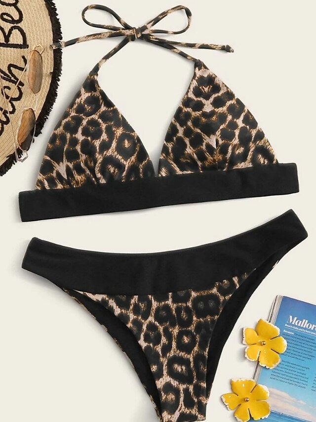  Women's Halter Basic Bikini Swimsuit Lace up Print Leopard Swimwear Bathing Suits Brown