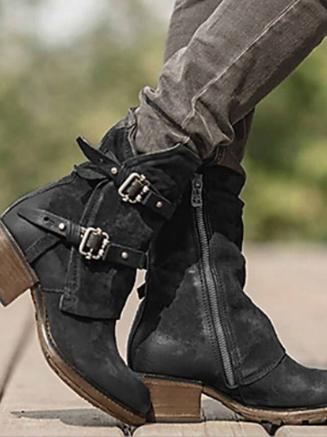  Women's Boots Motorcycle Boots Block Heel Boots Daily Solid Colored Mid Calf Boots Winter Buckle Chunky Heel Round Toe Vintage PU Zipper Dark Brown Black