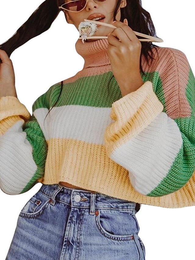  Women's Pullover Striped Long Sleeve Sweater Cardigans Turtleneck Stripes
