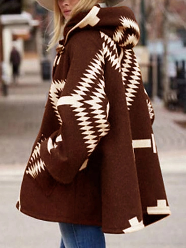  Women's Coat Fall & Winter Daily Long Coat Regular Fit Jacket Long Sleeve Geometric Blue Black Red