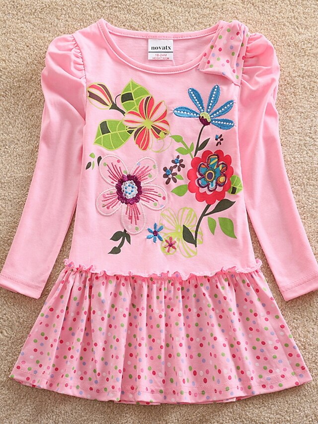  Baby Mädchen Kleid Grundlegend Baumwolle Rosa Blumen Langarm