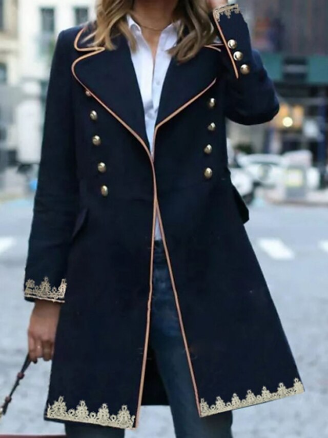 Women's Coat Daily WorkWear Winter Long Coat Regular Fit Elegant & Luxurious Jacket Long Sleeve Geometric Embroidered Navy Blue