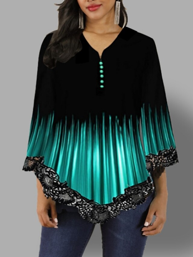  Women's Blouse Color Block 3/4 Length Sleeve Tops Basic V Neck Black