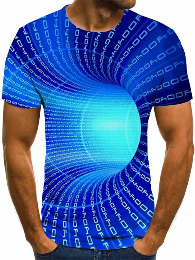  Men's T shirt Tee Graphic Optical Illusion 3D Round Neck Yellow Pink Red Blue Purple 3D Print Plus Size Daily Short Sleeve Clothing Apparel Basic
