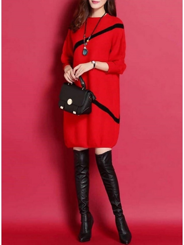  Women's Plus Size Sweater Dress - 3/4 Length Sleeve Striped Street chic Daily Wear Black Red M L XL XXL XXXL XXXXL XXXXXL