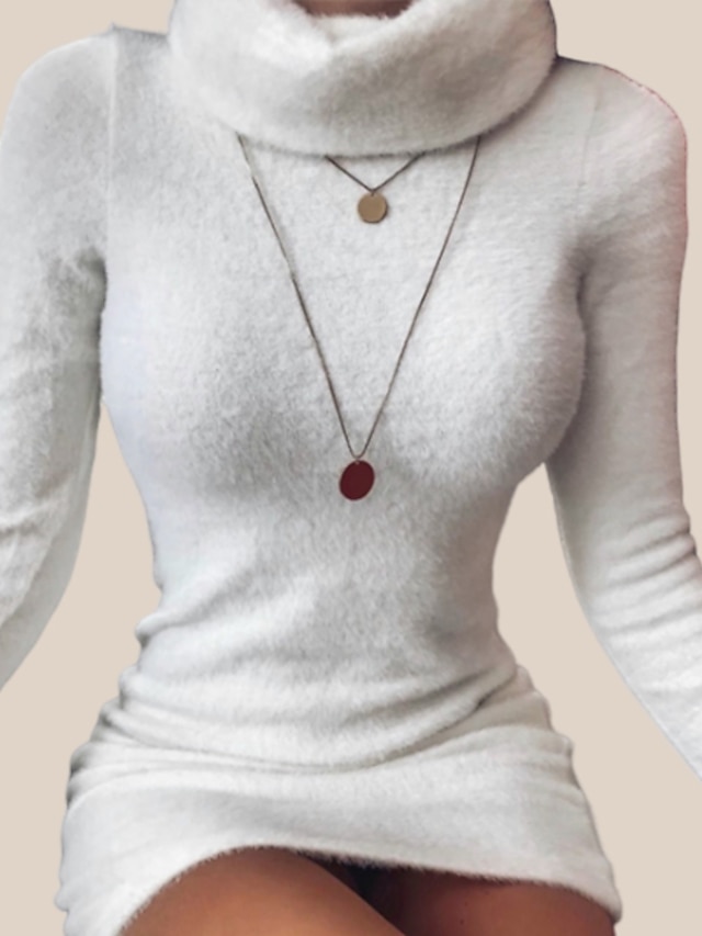  Women's Loose White Long Sleeve Solid Colored Knitted Turtleneck Basic Casual Crochet S M L XL