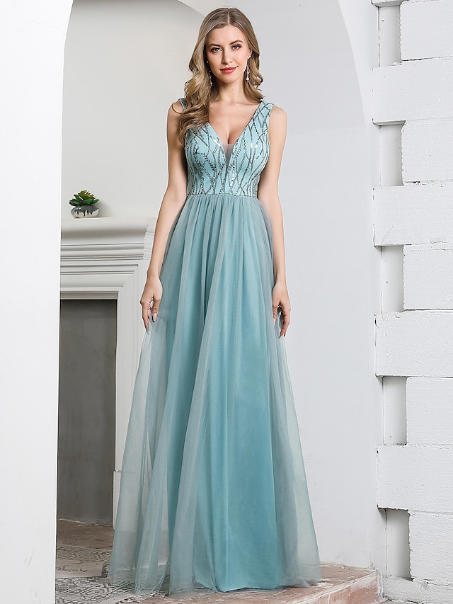  A-Line Bridesmaid Dress Plunging Neck Sleeveless Elegant Floor Length Tulle / Sequined with Sequin 2021