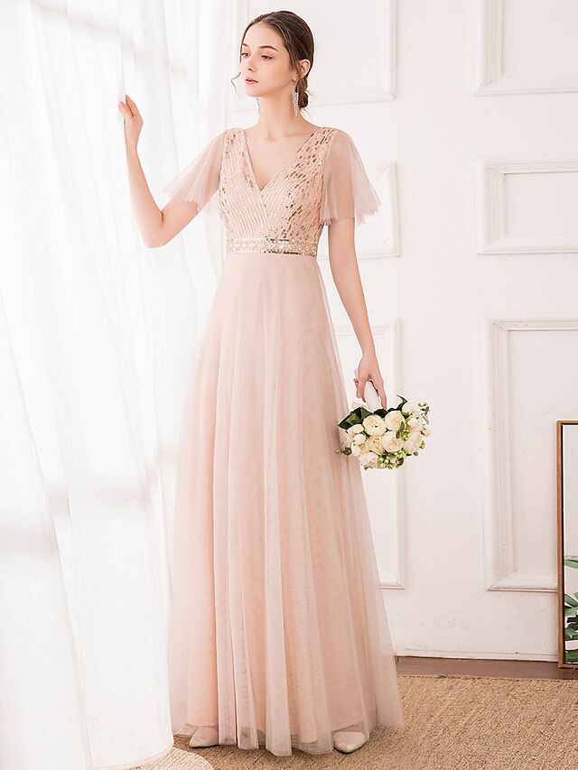  A-Line Bridesmaid Dress V Neck Short Sleeve Elegant Floor Length Tulle / Sequined with Sequin 2021