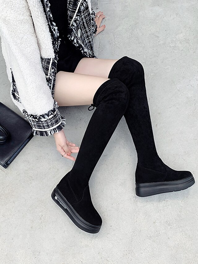  Women's Boots Over-The-Knee Boots Wedge Heel Round Toe Over The Knee Boots Casual Daily Suede Solid Colored Winter Black