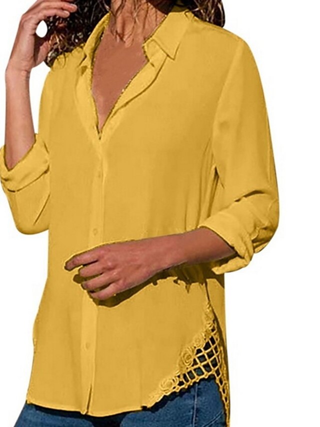  Damen Hemd Bluse Schwarz Weiß Gelb Einfarbig Langarm Täglich Hemdkragen Regular Fit
