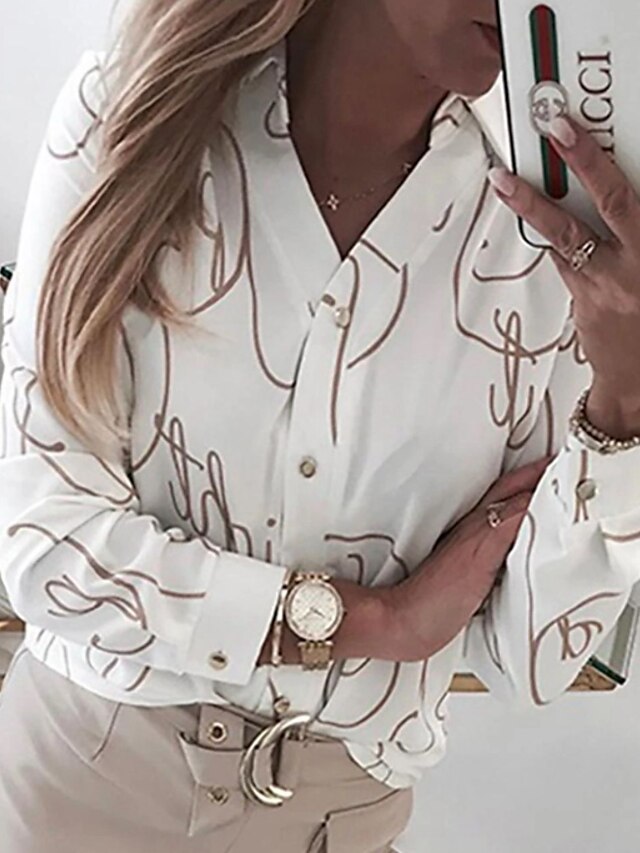  Women's Shirt Geometric Round Neck Daily Long Sleeve Tops White