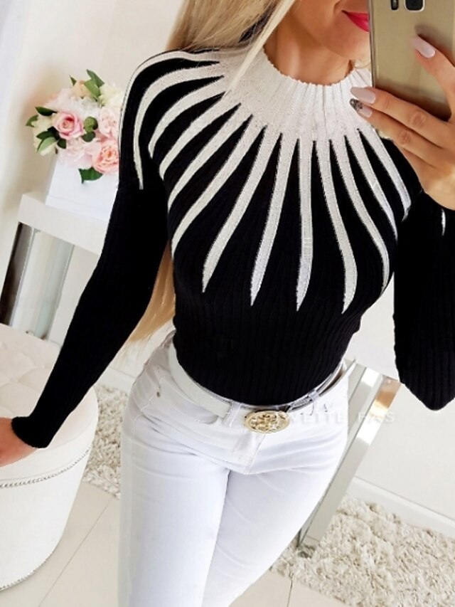  Per donna maglietta Monocolore Manica lunga Rotonda Top Top basic Bianco Nero