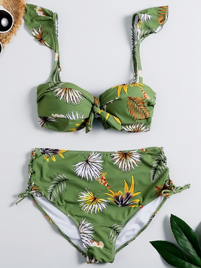  Women's Bandeau Basic Bikini Swimsuit Lace up Print Floral Swimwear Bathing Suits Green