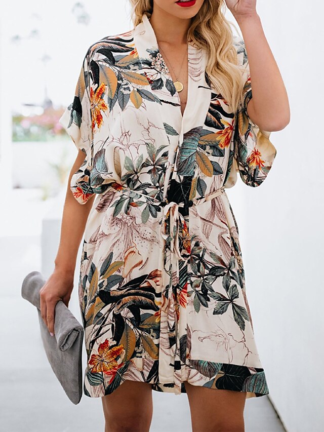  Women's Ladies Swing Dress White Short Sleeve Tropical Leaf Trees / Leaves Printing Spring & Summer V Neck Pastoral Style T-shirt Sleeve Belt Not Included Loose 2021 S M L XL