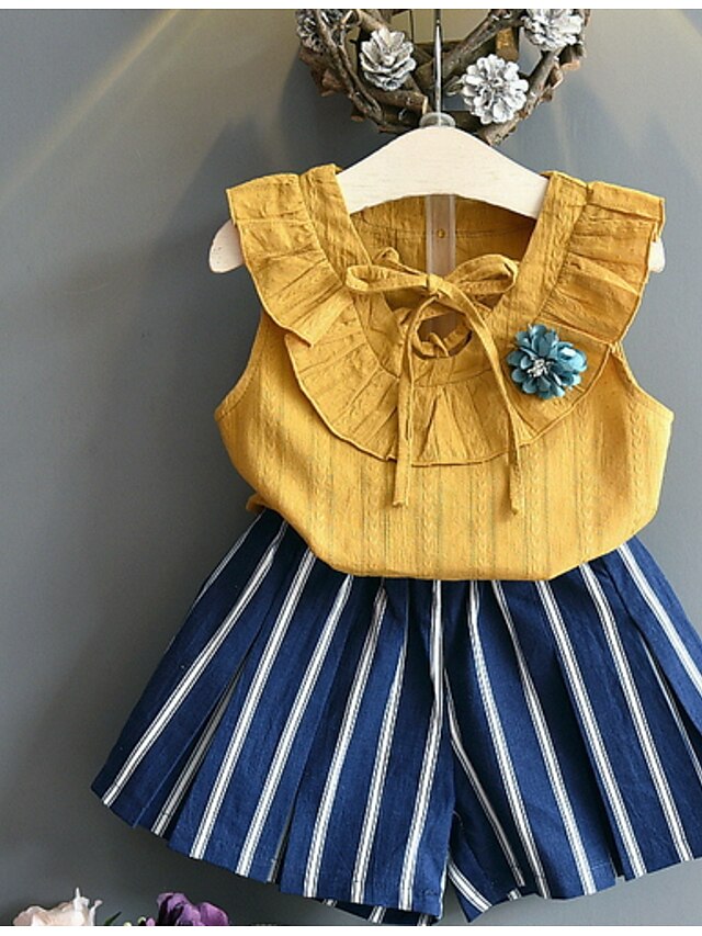  Kids Girls' Clothing Set Sleeveless Yellow Light Blue Print Cotton Basic