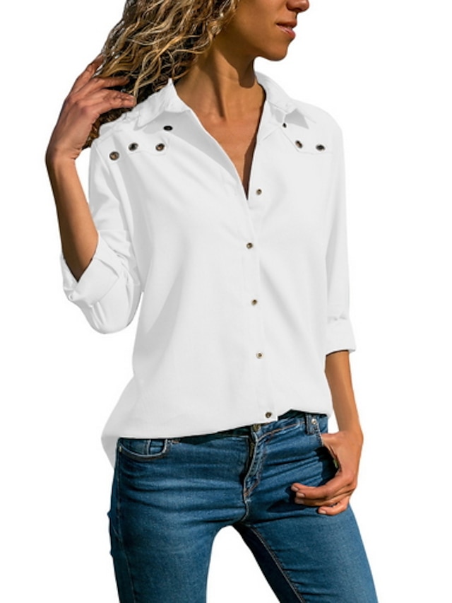  Women's Blouse Shirt Solid Colored Shirt Collar Tops Green White Royal Blue