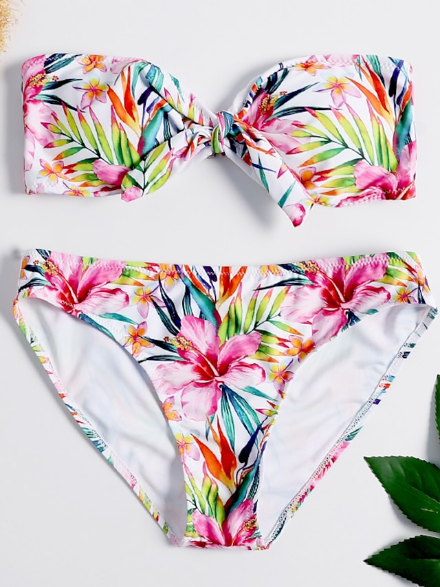  Women's Bandeau Basic Bikini Swimsuit Lace up Print Floral Swimwear Bathing Suits Rainbow