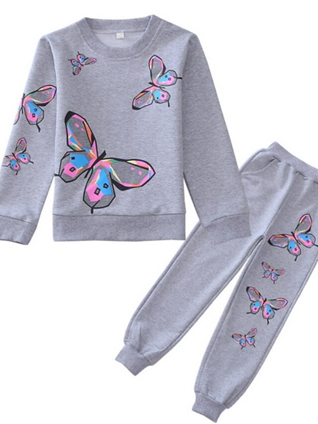  Kids Girls' Clothing Set Long Sleeve 2 Pieces Gray Pink Geometric School Sports Indoor Basic Cute Sweet Sports 3-12 Years / Fall / Spring