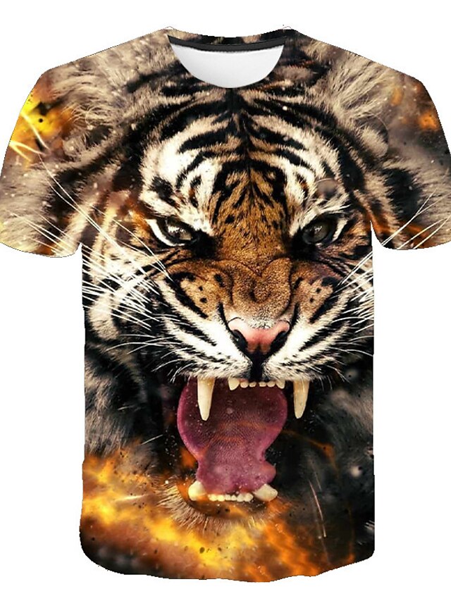  Herre T-Shirts T-shirt Tiger Uhyre 3D-udskrivning Rund hals Plusstørrelser Fest Daglig Kortærmet Trykt mønster Toppe Chic og moderne Gade Bekvem Stor og høj Sort Guld Rød