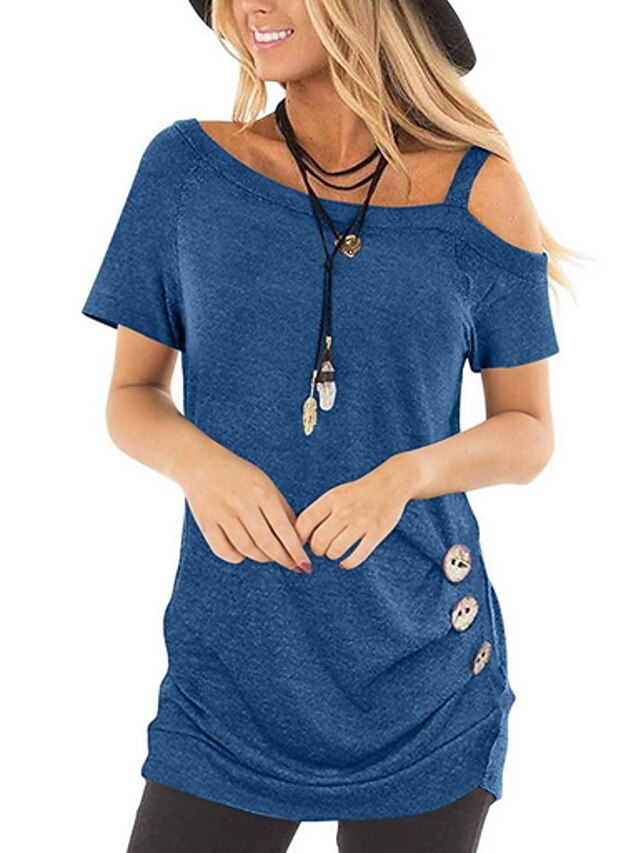  Women's Blouse Solid Colored Round Neck Daily Short Sleeve Tops Blue Black Purple