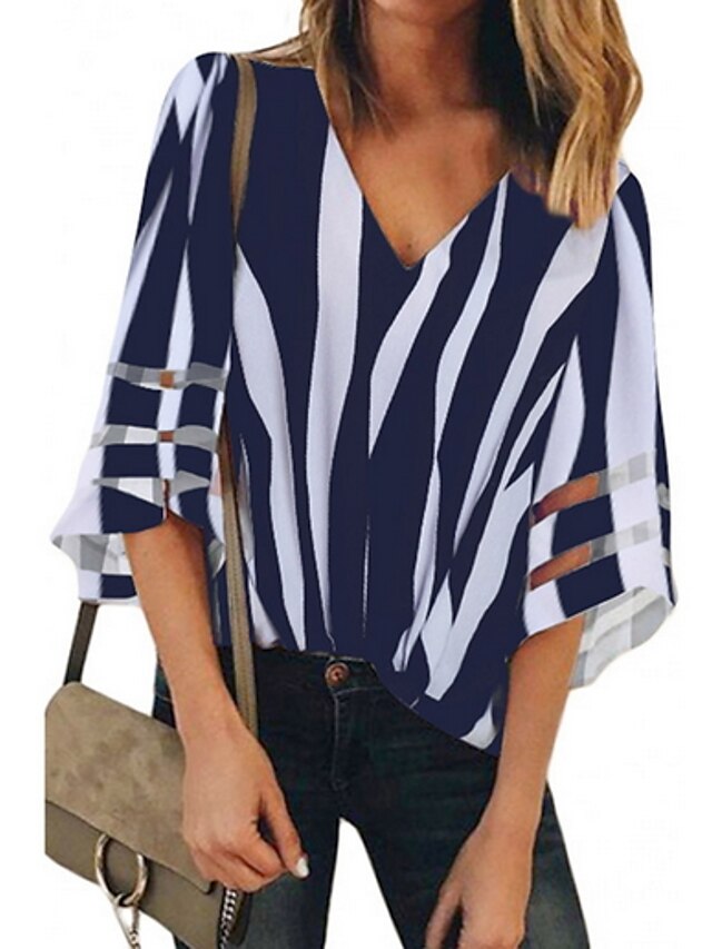  Women's Shirt Striped V Neck Daily Half Sleeve Tops Black Pink Red