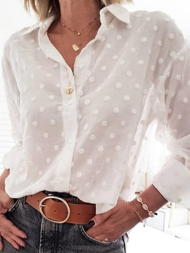  Damen Bluse Hemd Solide Langarm Hemdkragen Oberteile Basic Top Weiß