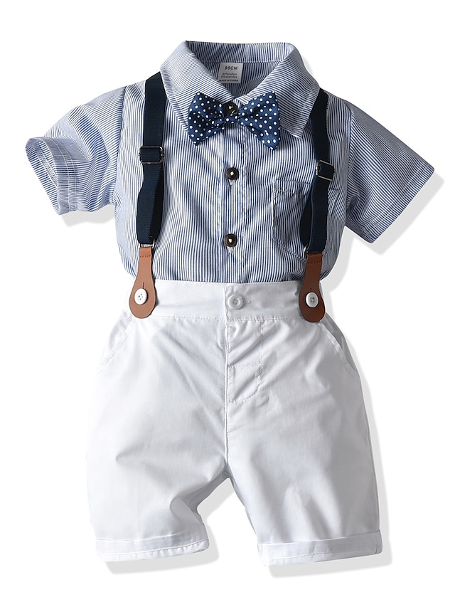  Baby Jungen Chinoiserie Boho Baumwolle Gestreift Kurz Kurzarm Kleidungsset Leicht Blau